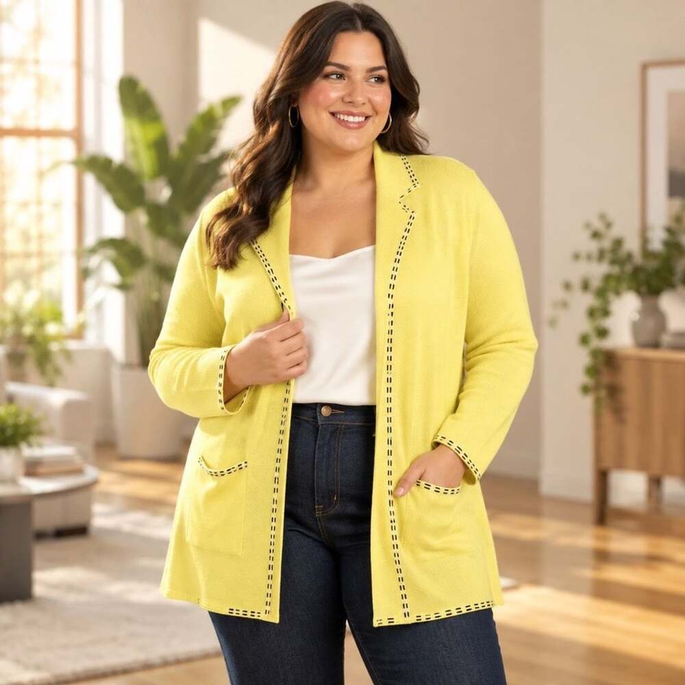 Misook Cardigan Size 2X Yellow Open Front Knit Sweater Jacket Blazer